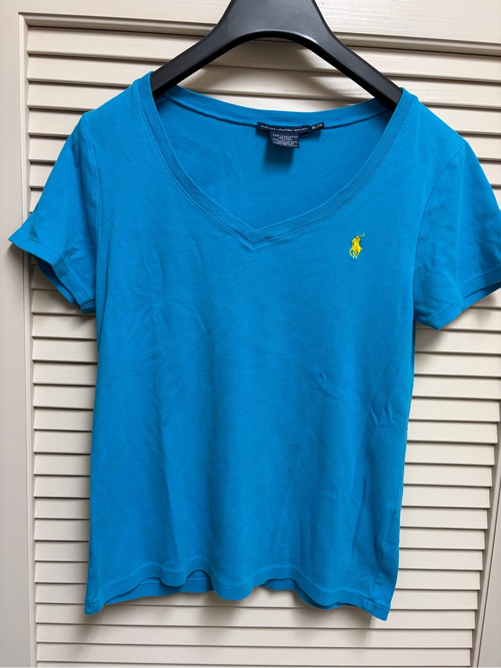 Ralph Lauren Sport Womens XL Turquoise Blue V Neck T Shirt Yellow Pony Preppy